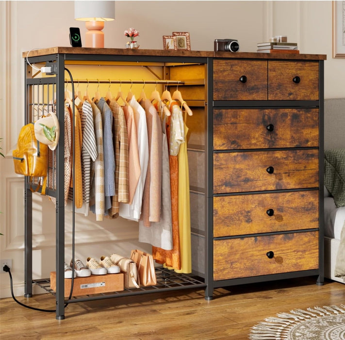 Simenmax 6-Drawer Storage Closet with LED Lights & Charging Station, 49.2" Wide Wooden Wardrobe Rack with Fabric Bins,Portable Clothing Organizer for Bedroom, Entryway, Brown