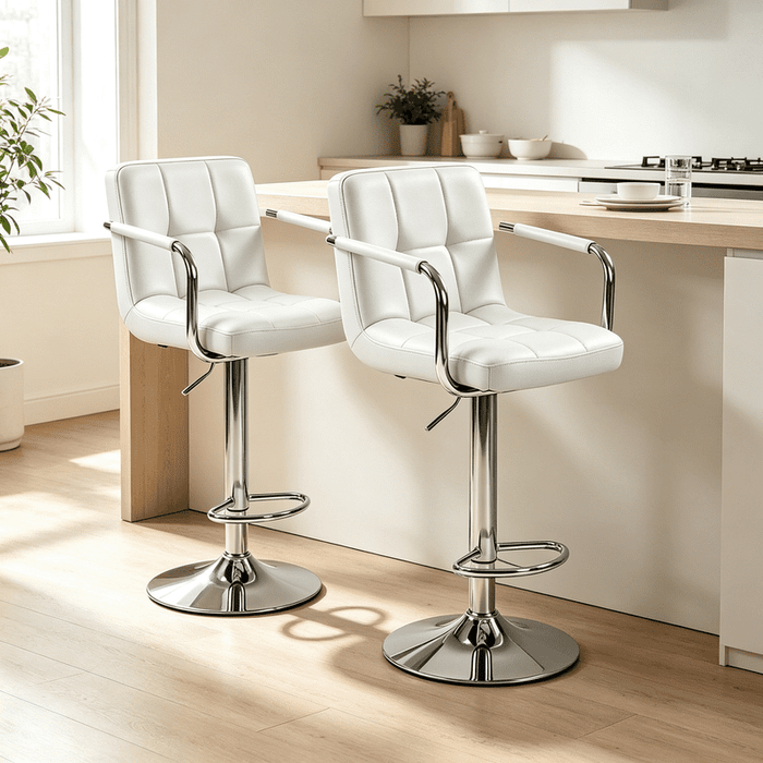Betcozy Set of 2 Adjustable Swivel Bar Stools with Armrests, Quilted PU Leather with Chrome Base & Footrest, 350 Lbs Weight Capacity for Kitchen Island Home Bar, White