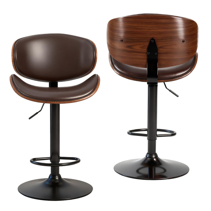 Taoset Mid‑Century Adjustable Bar Stool, Swivel Bar Chair with Curved Bent Wood Backrest, Matte Black Metal Base & Footrest, 300 lbs Capacity, Set of 2 Brown