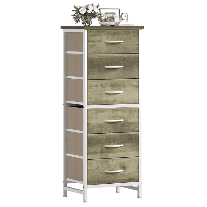 Simenmax 6-Drawer Dresser with Removable Bins, Slim Storage Tower with Sturdy Steel Frame, Fabric Chest of Drawers for Bedroom, Closet, Entryway, OAK