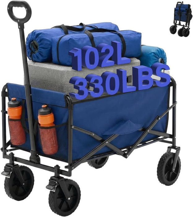 Simenmax Collapsible Utility Wagon, 330 lbs Capacity Heavy Duty Pull Cart with Lockable Wheels, Adjustable Handle for Beach, Camping, Grocery & Garden, Blue