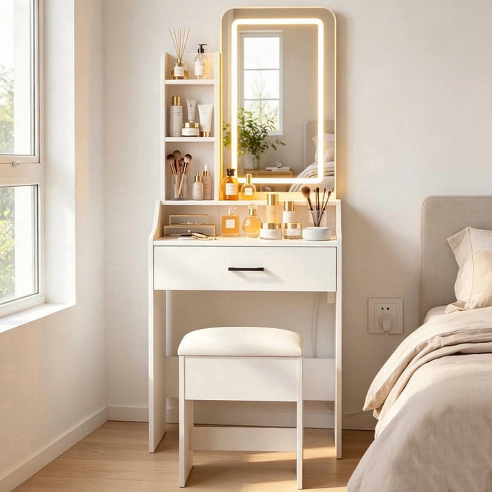 Nextay Makeup Vanity with Lights, 3-Color LED Mirror & Power Outlet, Beauty Station with Drawers for Bedroom (White)