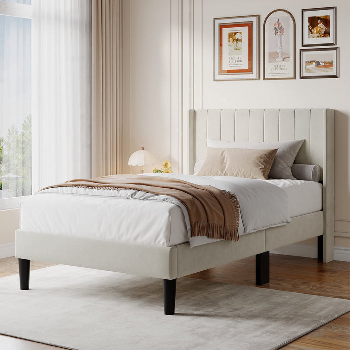 Taoset Upholstered Bed Frame with Wingback Headboard, Heavy Duty Vertical Channel Platform Bedframe, Fabric Mattress Foundation, No Box Spring Needed, Twin