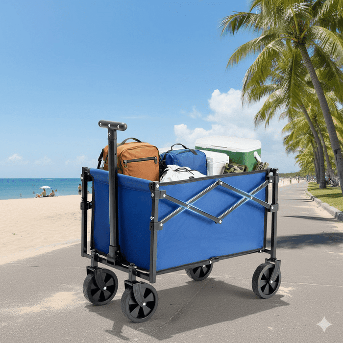 Blorly Foldable Wagon Collapsible Utility Cart, 50L Small Space Camping Wagon with 176lbs Capacity, Heavy Duty Beach Wagon with Adjustable Handle & 360° Swivel Wheels for Grocery, Outdoor (Blue)