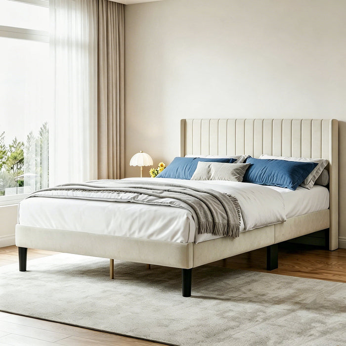 ETHOVIA Full Upholstered Bed Frame, Wooden Bed Frame with Wing-Shaped Foam Headboard, Under-Bed Storage Space Available, No Box Spring Needed, Beige