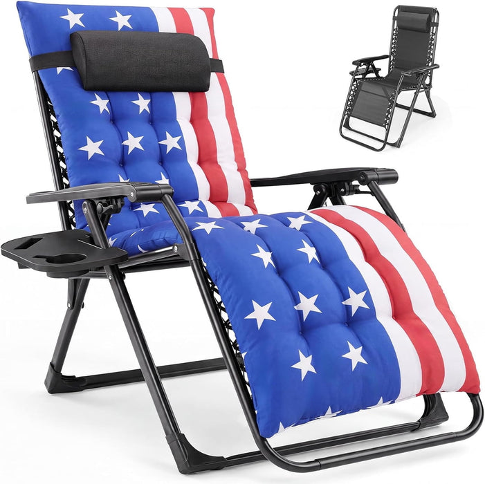 Simenmax Zero Gravity Chair with Cushion, 440 LB Capacity Folding Outdoor Lounge Chair with Cup Holder and Headrest for Patio, Camping & Beach,Star Spangled