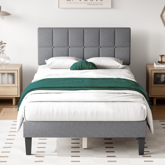 TINKLE WELL Twin Size Bed Frame, Fabric Upholstered Platform Bed Frame with Headboard, and Strong Wooden Slats, No Box Spring Needed, Easy Assembly, Grey