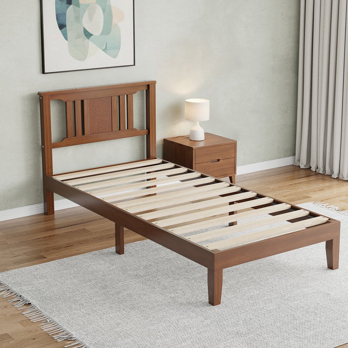 Taoset Wood Bed Frame with Headboard, Mid-Century Modern Wooden Bedframe, Solid Mattress Foundation with Wood Slat Support, No Box Spring Needed, Walnut/Rustic Brown, Twin