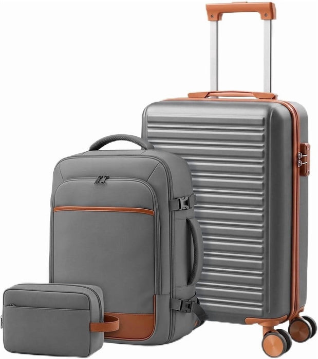 Simenmax 3-Piece Hardside Carry-On Luggage Set with Backpack & Toiletry Pouch, 20 Inch Spinner Suitcase, TSA Lock Lightweight Travel Set, Grey Brown