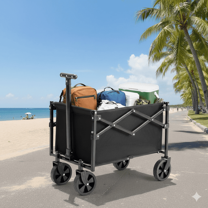 Blorly Foldable Wagon Collapsible Utility Cart, 50L Small Space Camping Wagon with 176lbs Capacity, Heavy Duty Beach Wagon with Adjustable Handle & 360° Swivel Wheels for Grocery, Outdoor (Black)