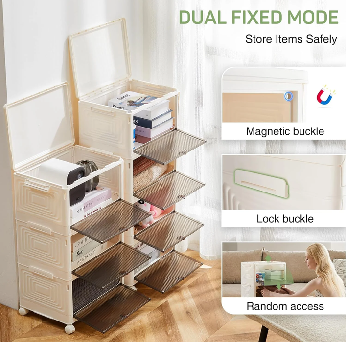 92QT Storage Bins with Lids - Folding Storage box with Doors and Wheels, Collapsible Plastic Storage Bins for Closets, Stackable Storage Organizer,4 Pack Cubes