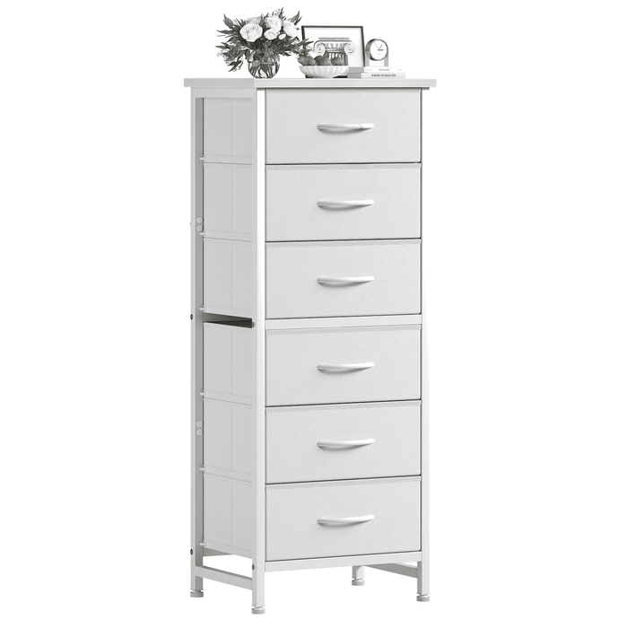 Betcozy 6-Drawer Tall Storage Dresser, Classic Bedroom Dresser for Clothes & Nursery Organization, Stable Metal Frame, Wooden Top, White