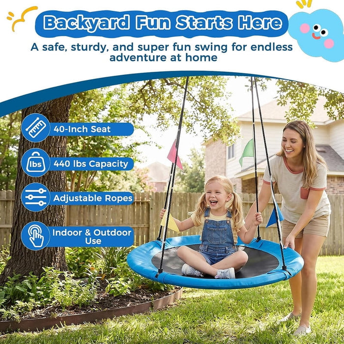 Bigleap 40-Inch Round Saucer Swing Set – 440 lbs Capacity Outdoor Tree Swing with Adjustable Ropes, Heavy-Duty Hanging Straps, and Foam-Padded Frame for Backyard, Playground，Blue