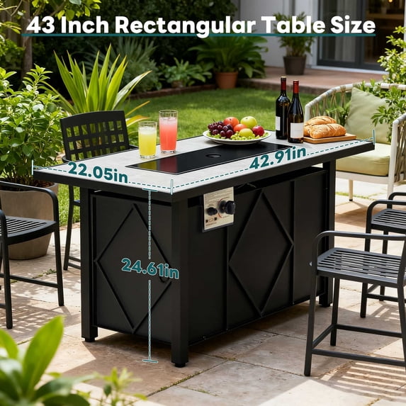 43 Inch Outdoor Propane Fire Pit Table, 50,000 BTU Rectangular Gas Fire Table with Diamond Steel Frame & Stone-Look Tabletop, Propane Fire Table for Patio Backyard, Tank Storage Space