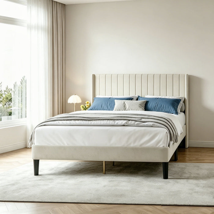 ETHOVIA Queen Upholstered Bed Frame, Wooden Bed Frame with Wing-Shaped Foam Headboard, Under-Bed Storage Space Available, No Box Spring Needed, Beige
