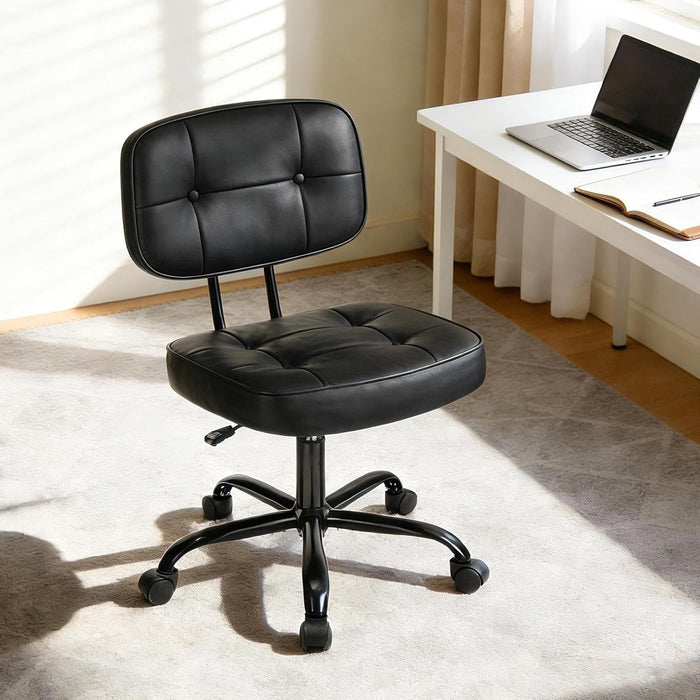 Betcozy Armless Rolling Office Chair, Compact Tufted Vanity Chair with Height Adjustment, Modern PU Leather Task Chair for Small Office, Black