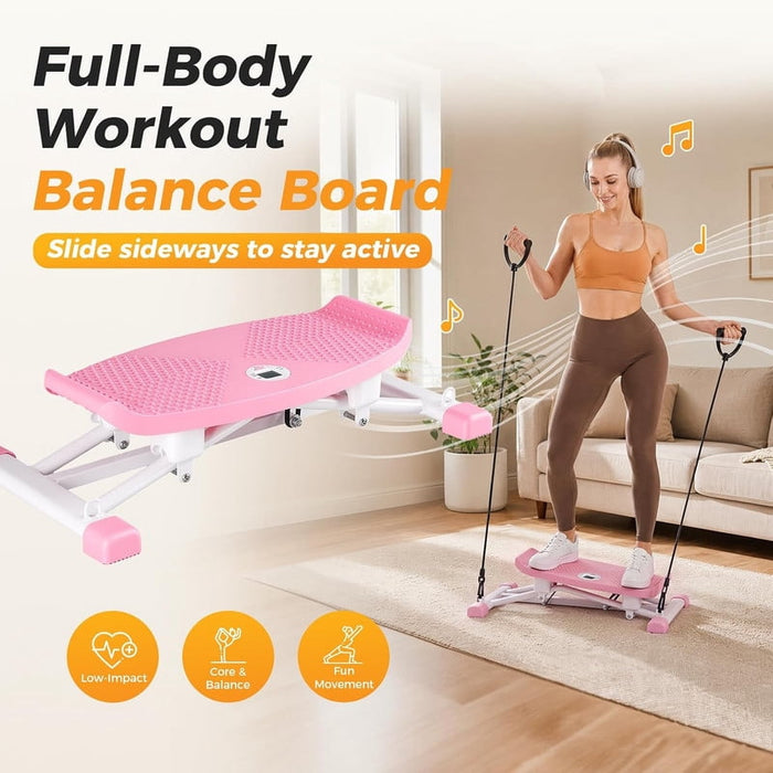 Nextay Balance Board for Adults â€?Lateral Ski Simulator Stepper with Resistance Bands & LCD Display, Home Gym Cardio Trainer,White Pink