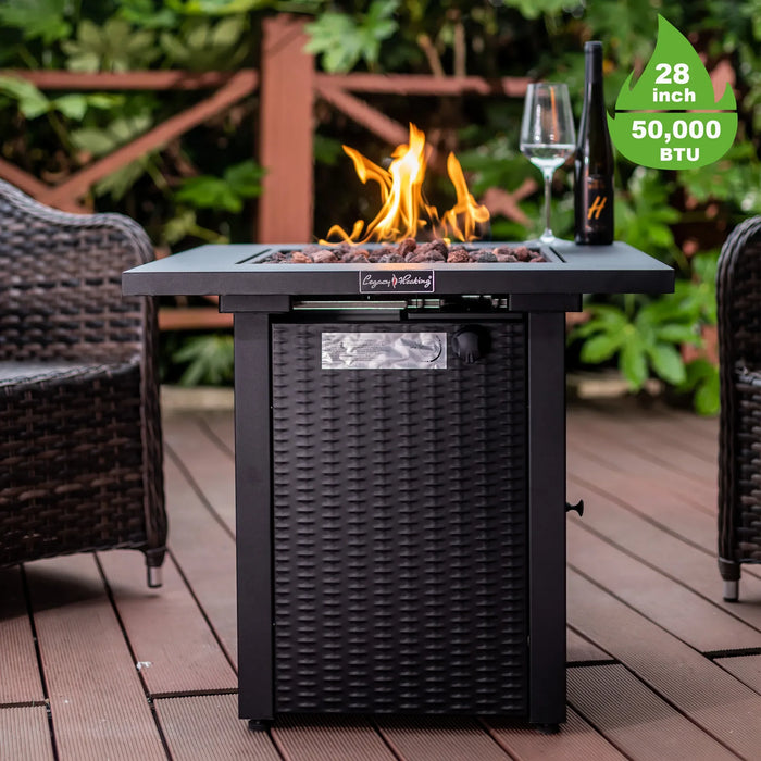 28in Square Propane Fire Pit Table Wicker-Look 50,000BTU Gas Fire Pit Table