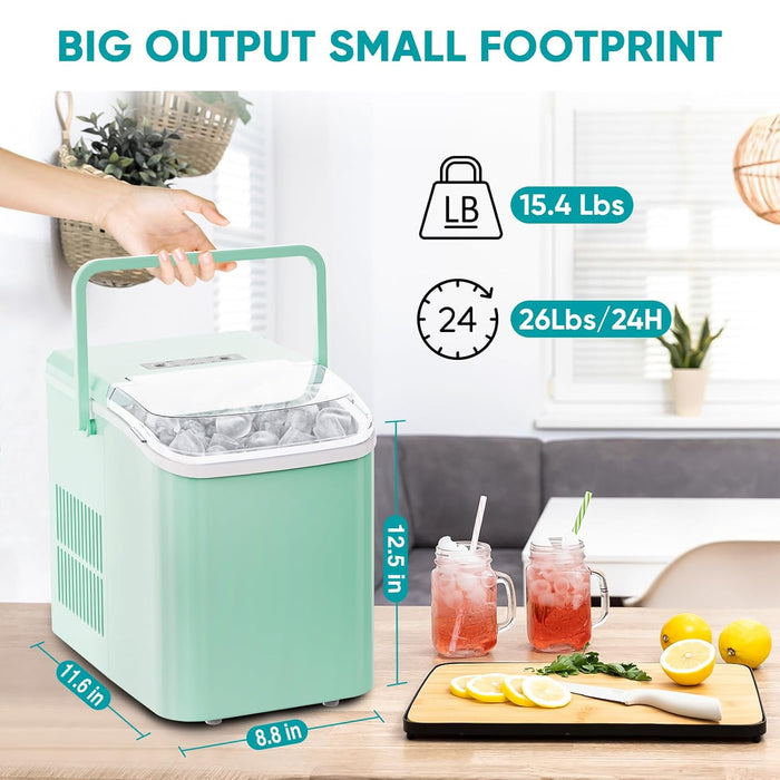 Blorly Ice Maker, Portable Countertop Icemaker Machine, Self Cleaning Quiet 2 Sizes Bullet Cubes Makers, 9 Cubes in 6 Mins, 26lbs/24Hrs with Ice Scoop, Basket for Home Kitchen Party,White