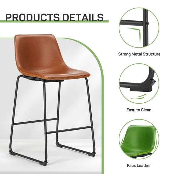 Set of 2 Counter Height Bar Stools, 26 inch Height Modern PU Leather Bar Chairs with Backrest and Metal Legs for Kitchen Island
