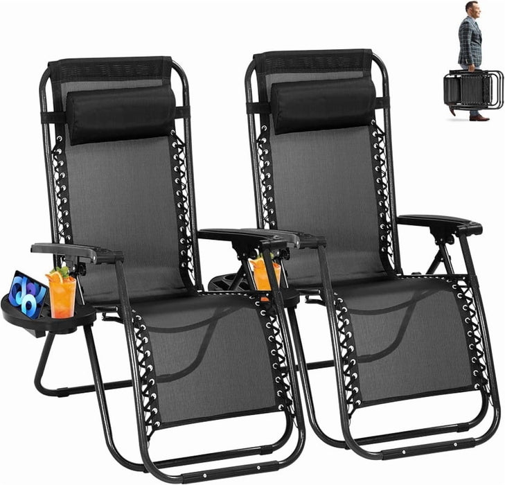 Simenmax Set of 2 Zero Gravity Chair, Outdoor Lounge Chairs, Portable Folding Reclining Camping Chair, Black