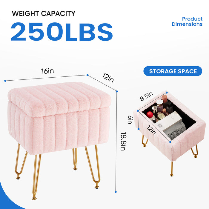 Simenmax Vanity Stool Chair with Storage, Ottoman Faux Fur Soft Padded Makeup Footstools Seat with 4 Metal Legs Anti-Slip Adjustable Feet Modern Cute Small Footrest for Home Entryway Bedroom,Pink
