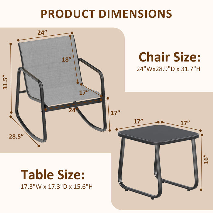 TINKLE WELL 3/4-Piece Outdoor Rocking Bistro Set – Textilene Rocking Chairs with Glass-Top Table for Porch, Lawn, Balcony, Black