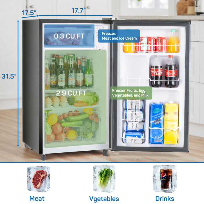 Sybels 3.2 Cu.Ft Mini Fridge with Freezer, Compact Single Door, Adjustable Thermostat & Low Noise, Perfect for Bedroom, Dorm, Office, Black