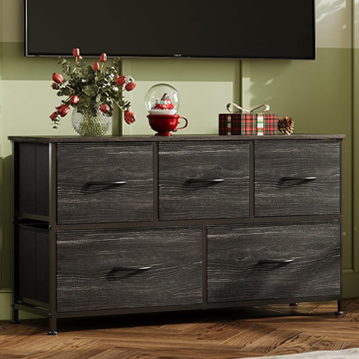 Simenmax 5 Dresser for Bedroom, 5 Storage Drawers, Wide Fabric Closet Chests Organizer Tower Furniture with Wooden Top Metal Frame for Clothes, Room, Living Room, Hallway, Entryway, Black Wood