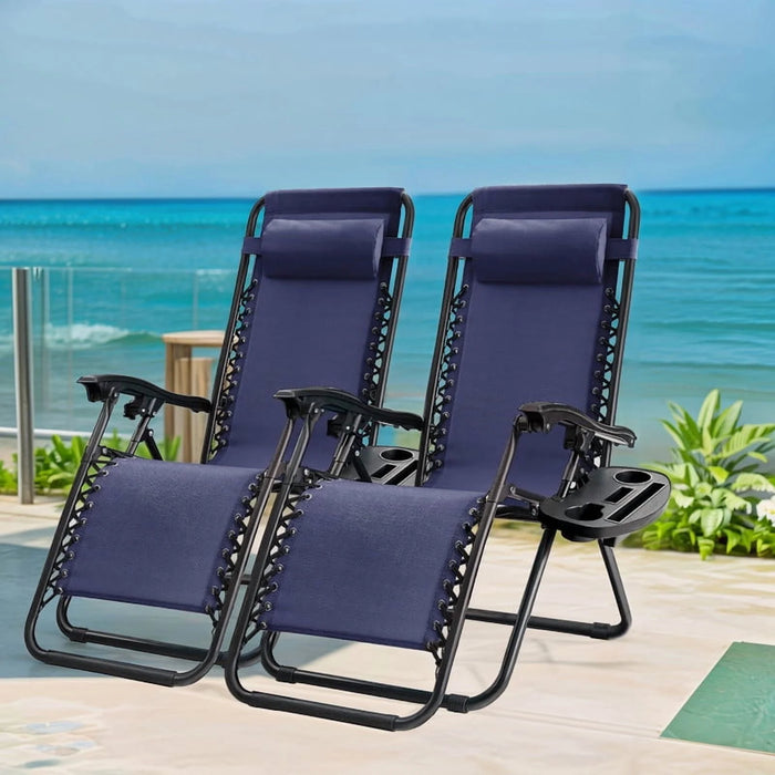 Sybels 2-Pack Zero Gravity Reclining Lounge Chairs, Portable Folding Outdoor Chairs with Adjustable Headrest, Cup Holders & Ergonomic Support, Blue