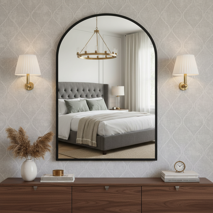 Beddle Arch Wall Mirror, Black Aluminum Alloy Framed Mirror for Bathroom, Living Room, Bedroom, Hallway