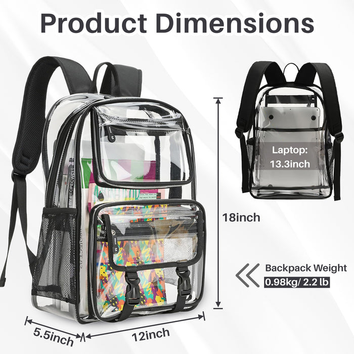 18" Clear Backpack, Heavy Duty Laptop Backpacks Large Capacity PVC Transparent Waterproof Backpacks for School Stadium College, Black