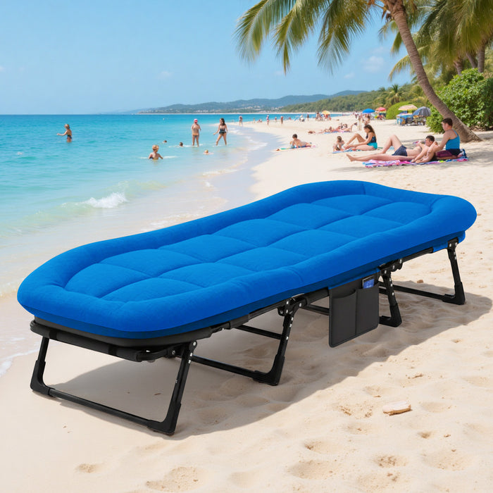 Sybels Deluxe Folding Camping Cot with Headrest and Mattress, Comfortable Portable Bed for Travel, Camping, Home, Heavy Duty Steel Frame
