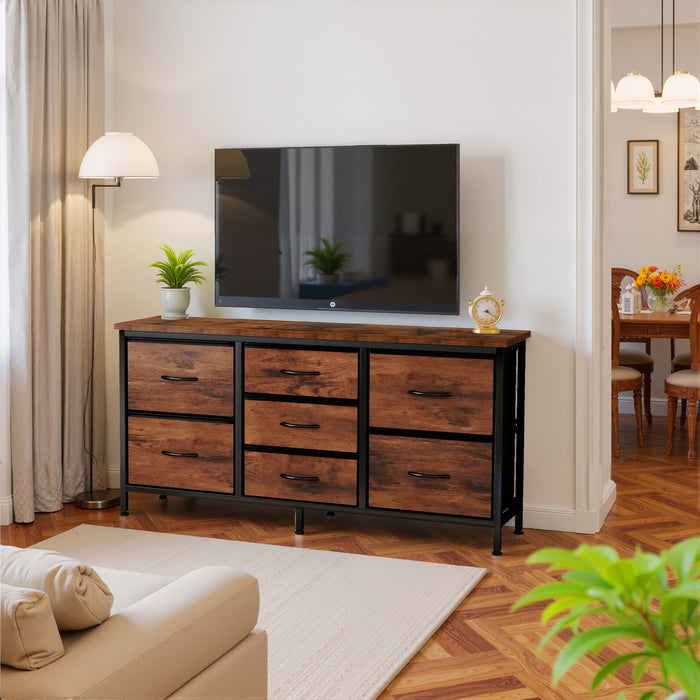 Simenmax 7-Drawer Fabric TV Stand & Storage Dresser – Versatile Media Console for Living Room, Bedroom, and Small Spaces, Brown