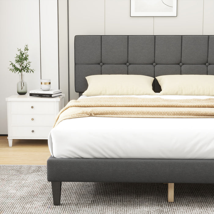 Yangming Full Bed Frame Platform Bed with Linen Fabric Upholstered Headboard and Wooden Slats Support, No Box Spring Needed
