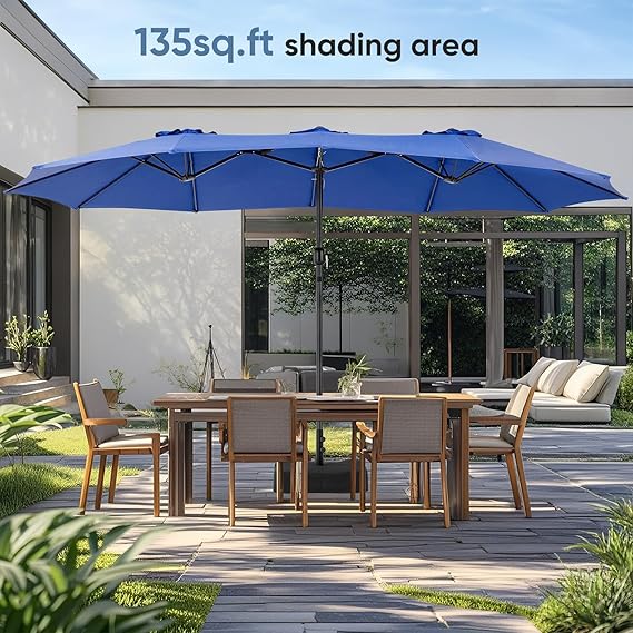 Sybels 15ft Large Rectangle Patio Umbrella with Base, Outdoor Sun Shade for Deck, Backyard, Market, Blue