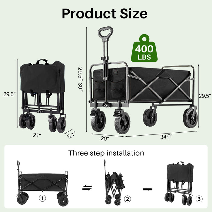 TINKLE WELL All-Terrain Foldable Wagon Cart with Heavy-Duty Wheels, Large Capacity Portable Utility Wagon for Beach, Sand, and Gardening, Featuring Drink Holders