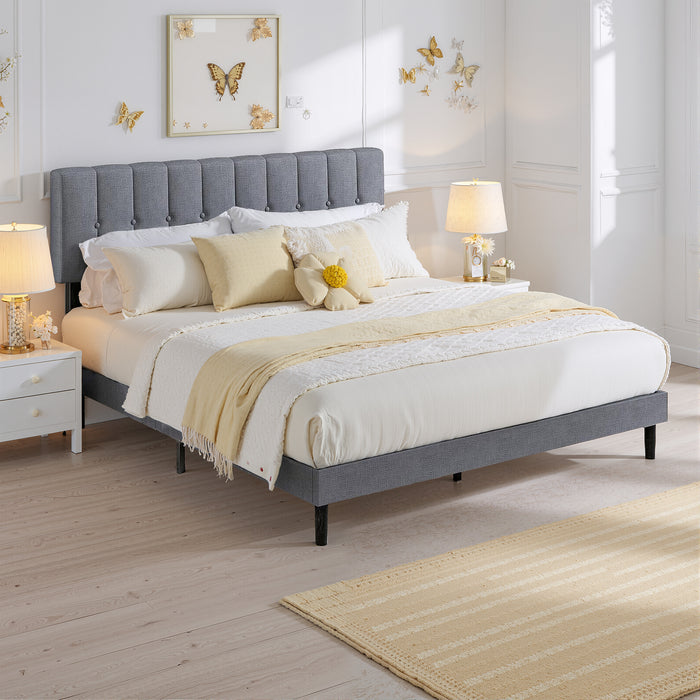 Yangming Queen Upholstered Platform Bed Frame with Linen Headboard Wood Slat, Dark Gray