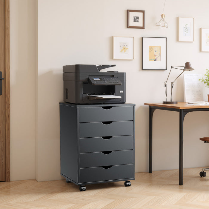 Simenmax 5 Drawer Chest Mobile Storage Cabinets Wooden Dresser with Wheels Room Organization Furniture for Office, Black