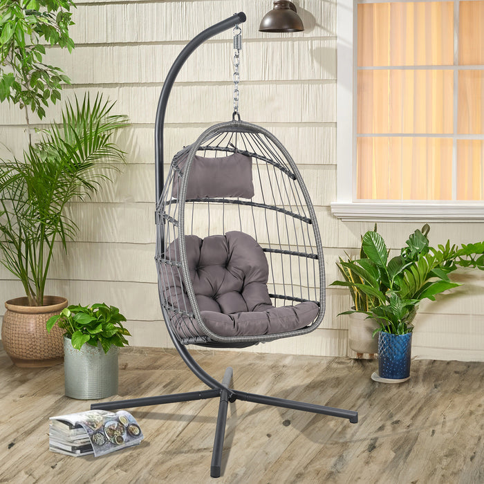 Outdoor Swing Chair, Wicker Egg Chair with Stand and Cushions, Hanging Chair for Bedroom Patio Porch Balcony, Hammock Chair Outdoor Lounger, Light Gray
