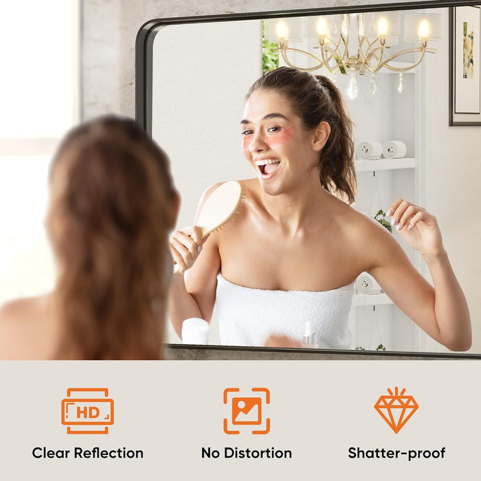 30x40" Black Vanity Bathroom Mirror for Wall, Metal Framed Rounded Rectangular Modern Mirrors for Over Sink, Farmhouse, Tempered Glass, Hangs Horizontally or Vertically