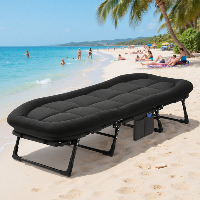 Sybels Deluxe Folding Camping Cot with Headrest and Mattress, Comfortable Portable Bed for Travel, Camping, Home, Heavy Duty Steel Frame