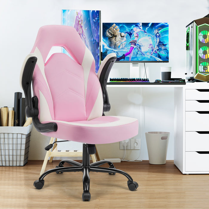 Simenmax Gaming Chair, Ergonomic Office Leather Racing Chair with Flip-up Armrest, White Pink