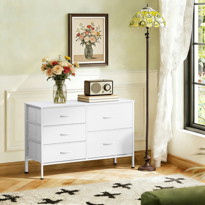 Bigleap 5-Drawer Fabric Dresser, Wide Storage Organizer Dresser for Bedroom, Living Room & Closet,White