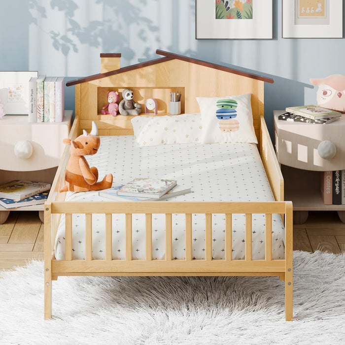 Simenmax Twin Size Bed Frame with House Headboard, Storage Guardrails - Solid Wood, No Box Spring, Natural Brown