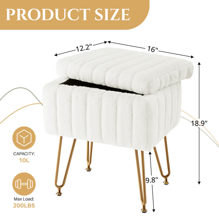 TINKLE WELL Storage Vanity Stool Chair, Soft Faux Fur Makeup Ottoman, Adjustable Anti-Slip Feet, Modern Footrest for Bedroom, Makeup, Entryway