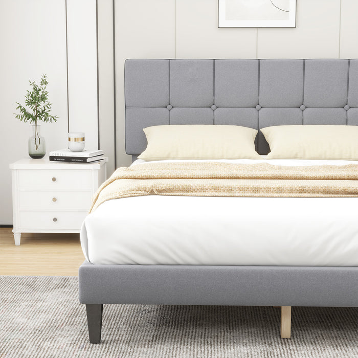 Twin Upholstered Platform Bed Frame with Linen Headboard Wood Slat, Gray