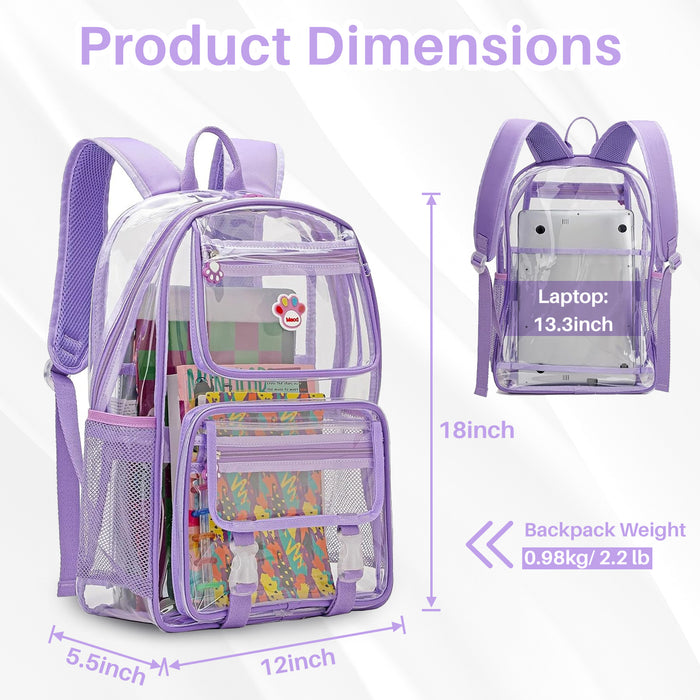 18" Clear Backpack, Heavy Duty Laptop Backpacks Large Capacity PVC Transparent Waterproof Backpacks for School Stadium College, Purple