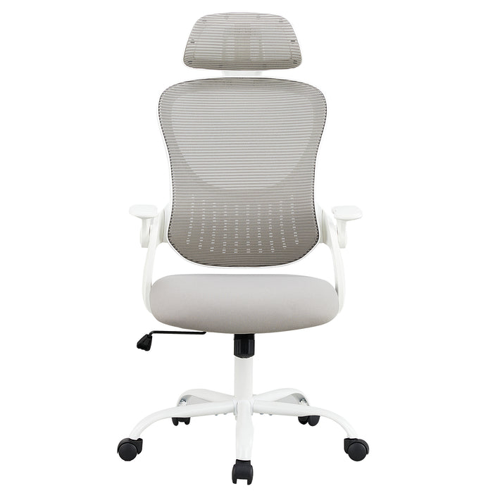 Sybels Ergonomic High Back Mesh Office Chair - Adjustable Headrest & Lumbar Support, Flip-Up Arms, 360° Swivel with Rolling Casters for Home Office, Grey