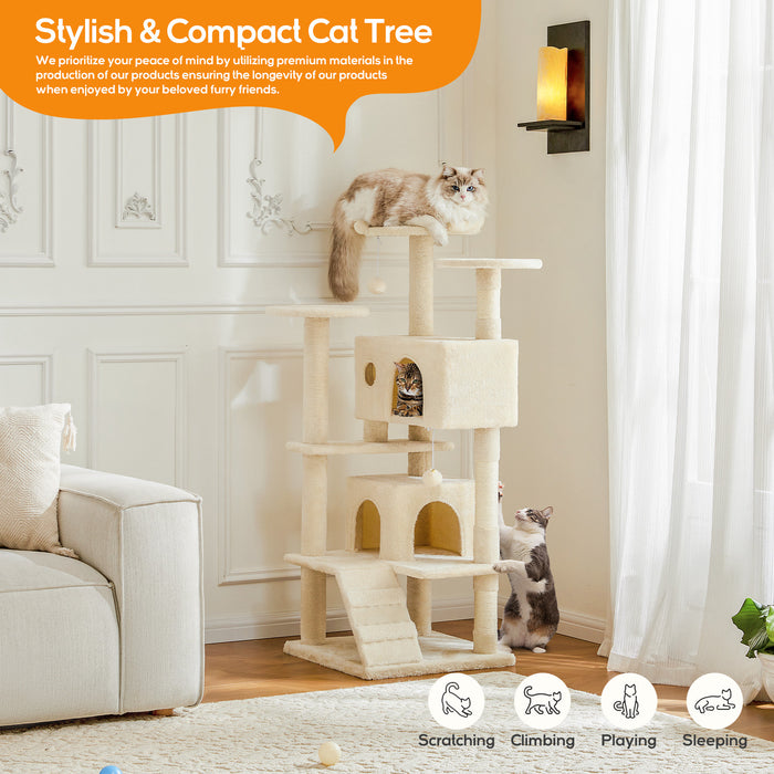Cat Tree, 54-Inch Cat Tower with Sisal Scratching Post, Multi-Level Plush Cat Tree with Climbing Ladder